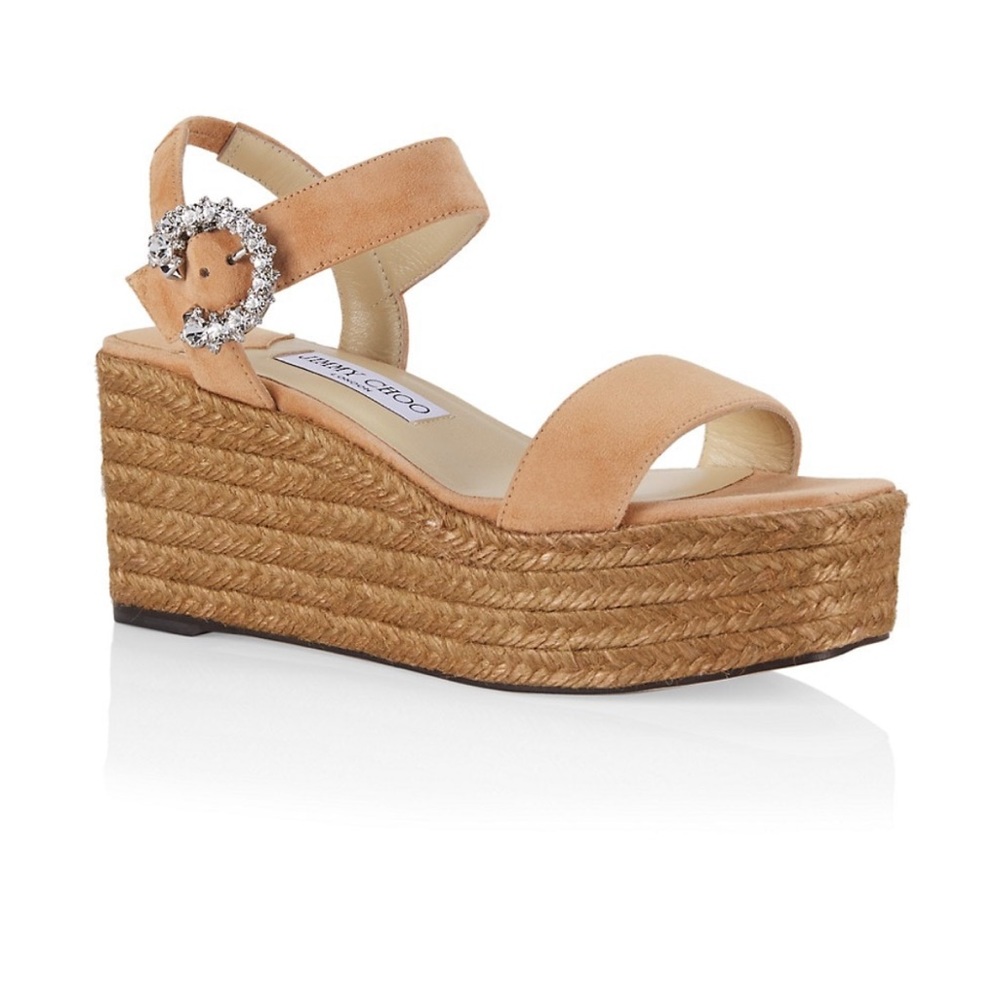 Jimmy Choo Beige Suede Espadrille Wedge Sandals with Crystal Buckle